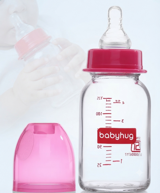 Babyhug BPA-Free Natural Glass Baby Bottle 125 ml, Pink | Anti-Colic Silicone Nipple| Leak-Resistant | Durable | Travel friendly