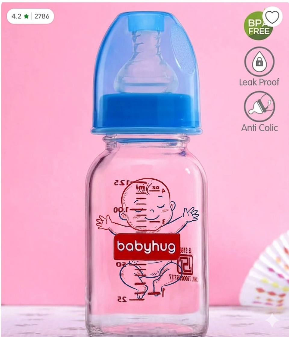 Babyhug BPA-Free Glass Baby Bottle 125 ml, Blue | Anti-Colic Silicone Nipple | Leak-Resistant | Durable | Ideal for Newborns & Toddlers