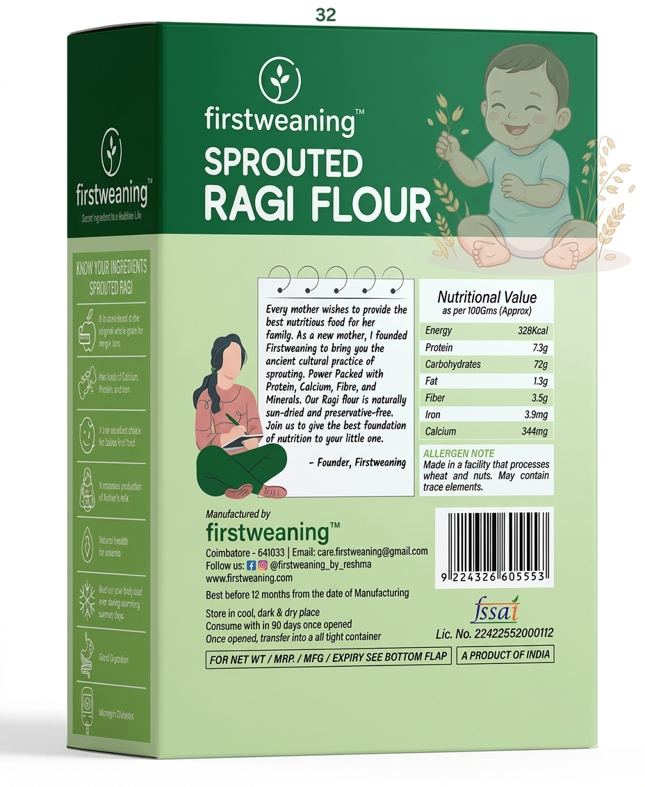 Firstweaning Sprouted Ragi Flour 800 g |100% Homemade & Naturally Dried Sprouted Ragi Flour|Gluten Free