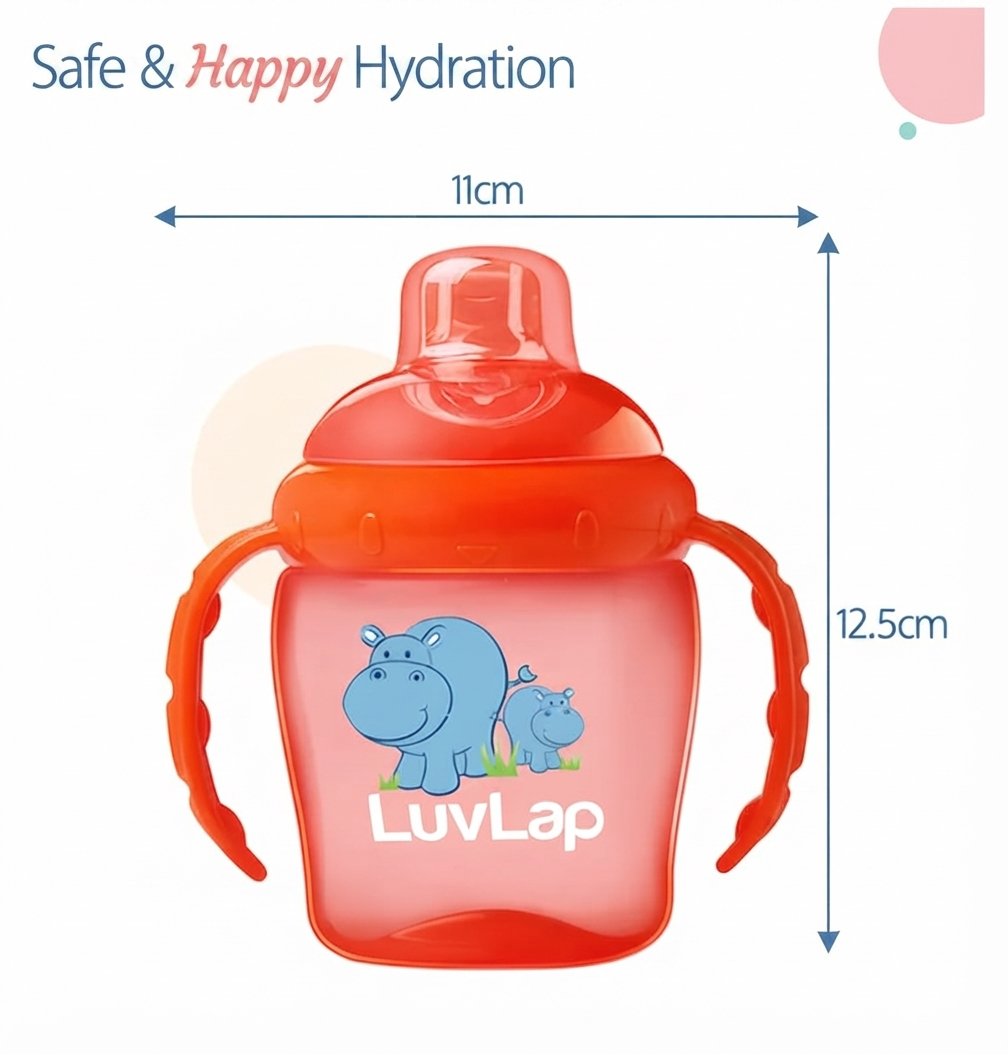 LuvLap Hippo Spout Sipper for Infant/Toddler, 225ml, Anti-Spill Sippy Cup with soft Silicone Spout, BPA Free, Sipper with handles, 6m+ (Orange)