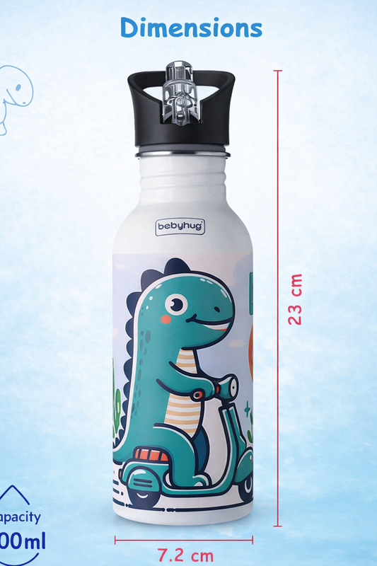 Babyhug Dino Theme Stainless Steel Color Changing Magic Bottle White|Leak Resistant|BPA Free|Rust Proof|600 ml
