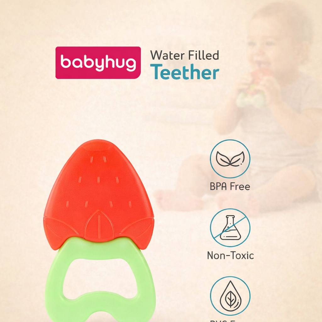 Babyhug Strawberry Fruit Shape Water Filled Teether - Red & Green| BPA Free Teething Toy| Soothing Gums| 100% Food Grade | Easy to Clean| Easy to Grasp