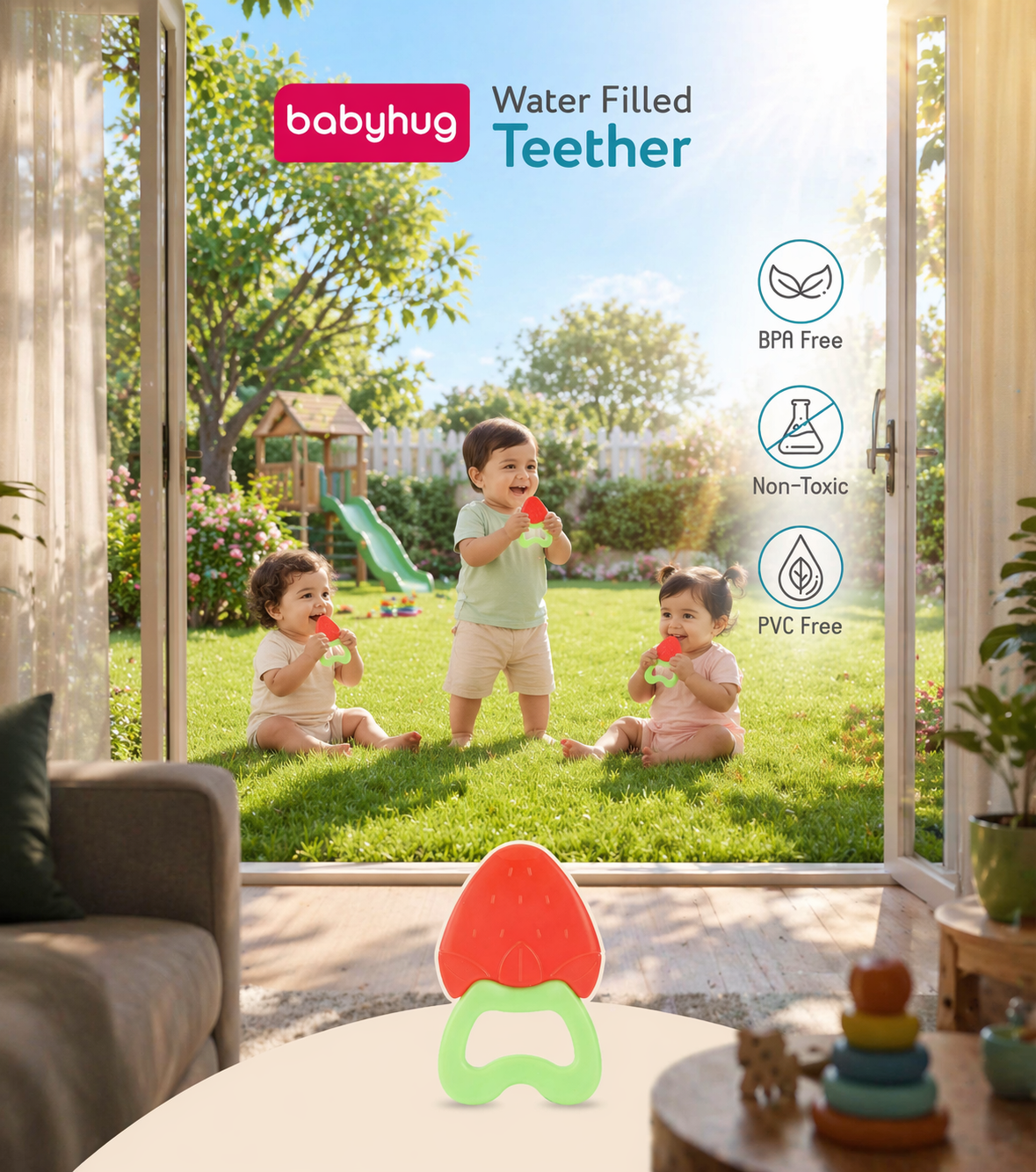 Babyhug Strawberry Fruit Shape Water Filled Teether - Red & Green| BPA Free Teething Toy| Soothing Gums| 100% Food Grade | Easy to Clean| Easy to Grasp