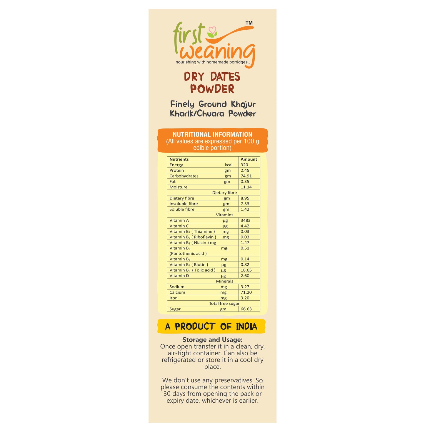 First weaning 100% Organic Natural Sweetener Date Powder - 300 g