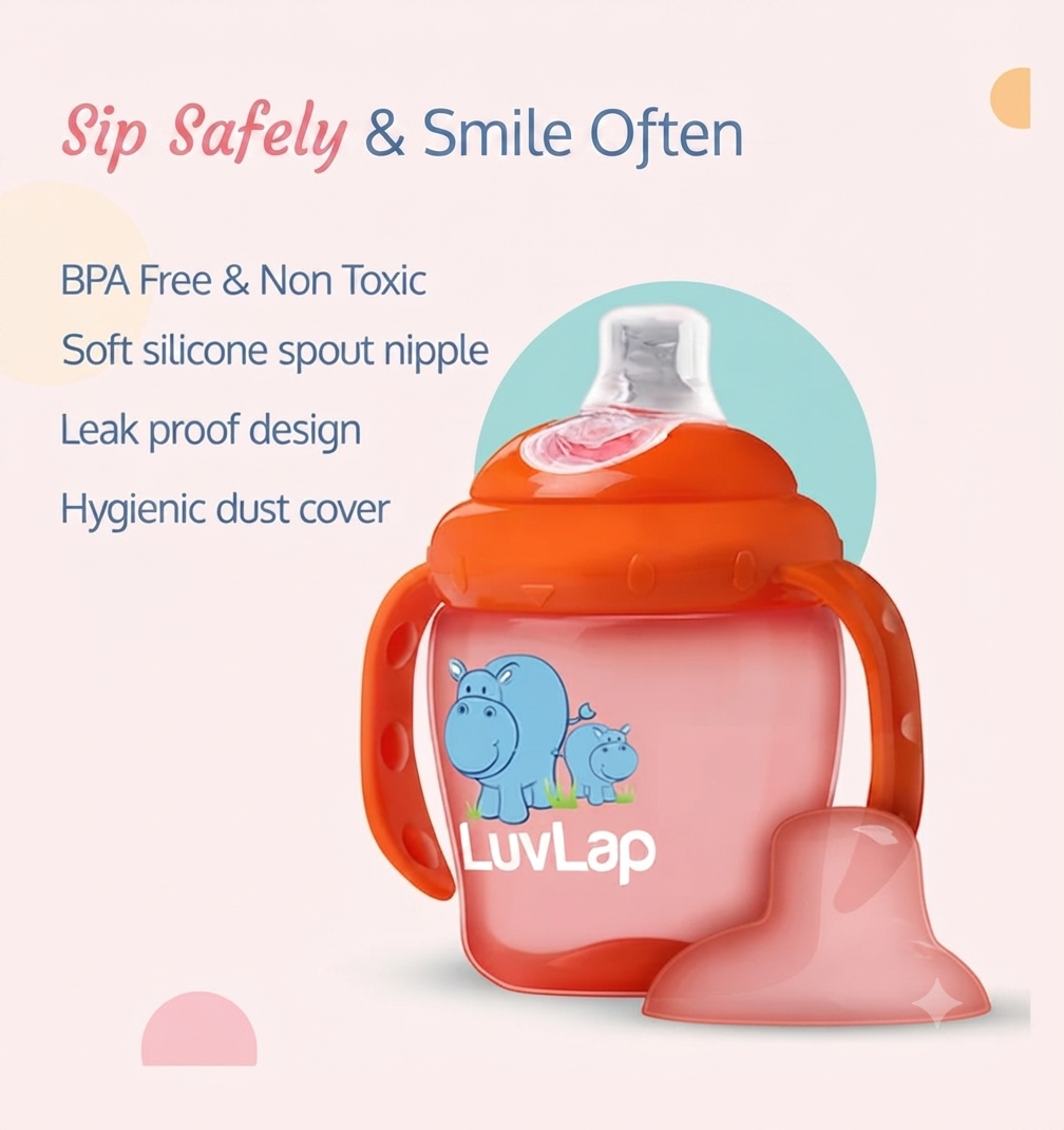 LuvLap Hippo Spout Sipper for Infant/Toddler, 225ml, Anti-Spill Sippy Cup with soft Silicone Spout, BPA Free, Sipper with handles, 6m+ (Orange)