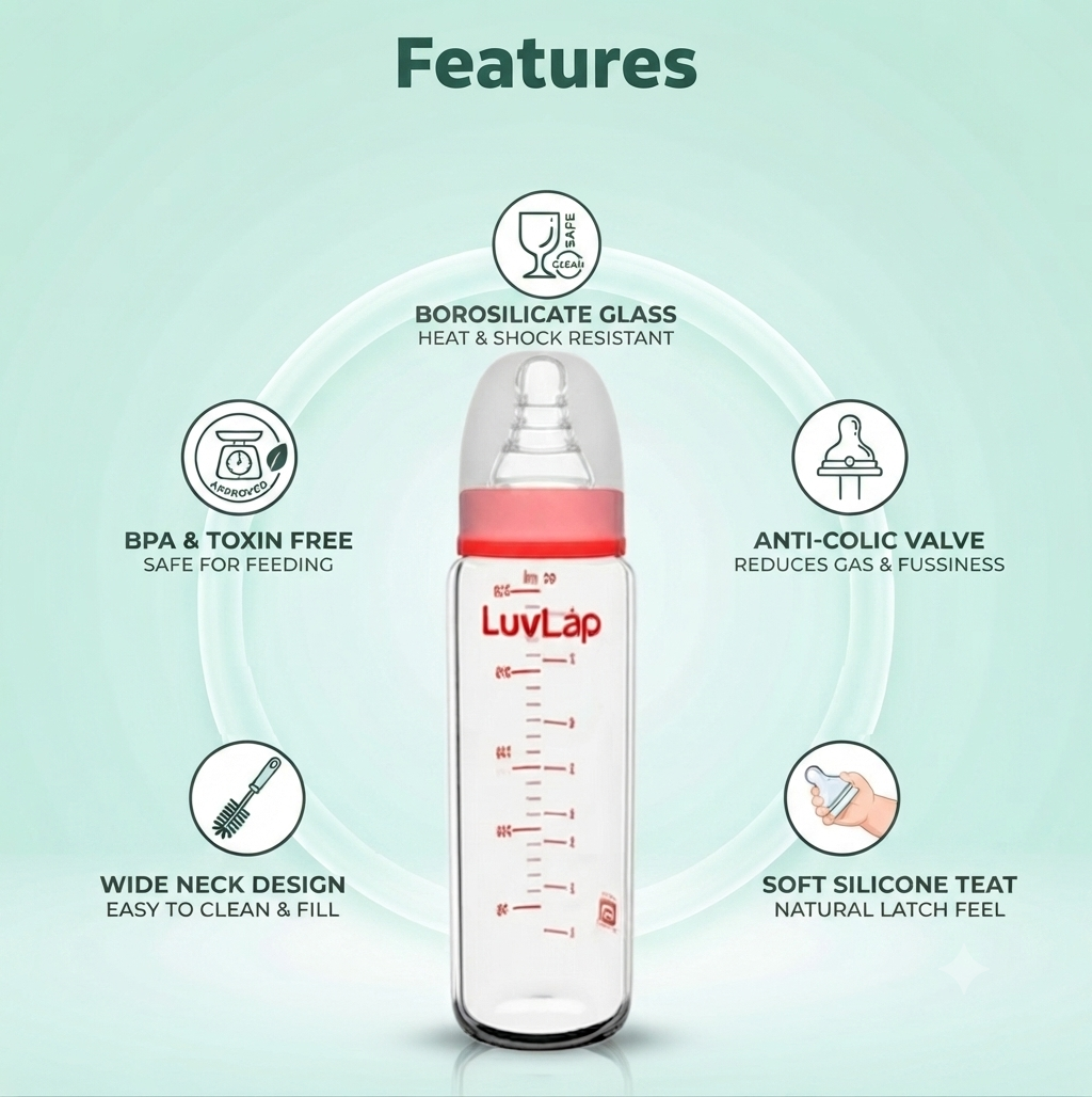 LuvLap Essential Slim Neck Glass Feeding Bottle, 250ml, 3m+, BPA Free, Ergonomic Shape, Anti-Colic Nipple.