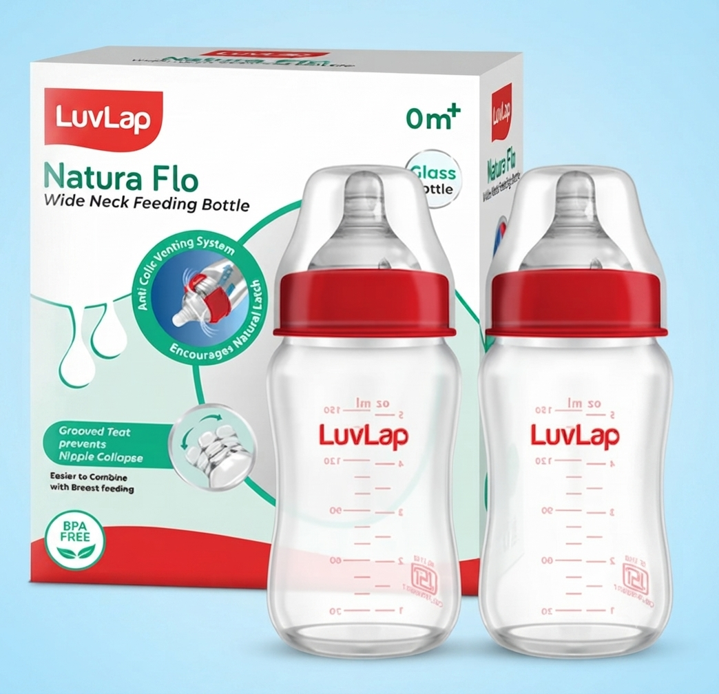 LuvLap Natural Flow Glass Feeding Bottle, 150ml, BPA Free, Anti-Colic Nipple, Transparent
