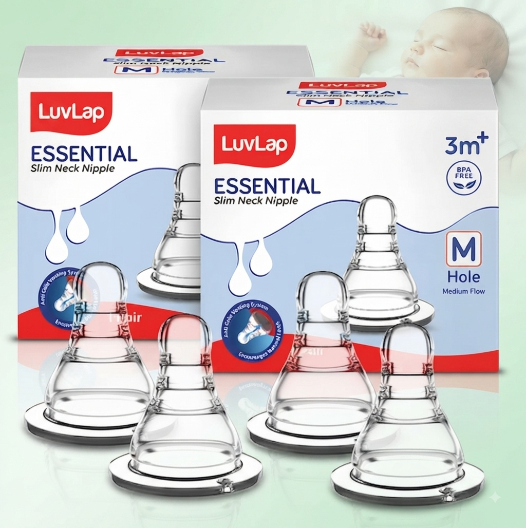LuvLap Anti-Colic Essential Teat/Nipple for Slim Neck Bottle, 4pcs, Medium Flow, 3m+, BPA Free, Clear