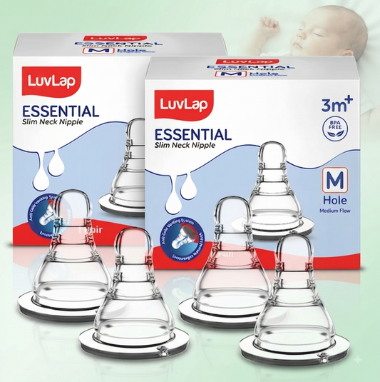 LuvLap Anti-Colic Essential Teat/Nipple for Slim Neck Bottle, 4pcs, Medium Flow, 3m+, BPA Free, Clear