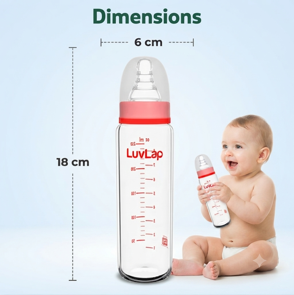 LuvLap Essential Slim Neck Glass Feeding Bottle, 250ml, 3m+, BPA Free, Ergonomic Shape, Anti-Colic Nipple.