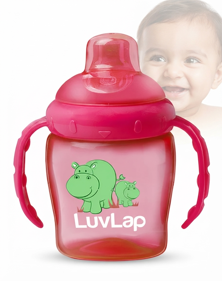 LuvLap Hippo Spout Sipper for Infant/Toddler, 225ml, Anti-Spill Sippy Cup with Soft Silicone Spout BPA Free, 6m+ (Pink)