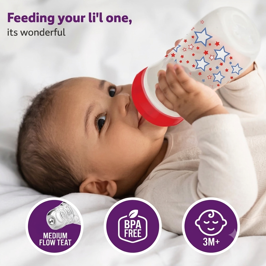 LuvLap Luvlap Anti-Colic Wide Neck Natura Flo Baby Feeding Bottle,New Born / Infants / Toddler upto 3 years, Stars, BPA Free, Red