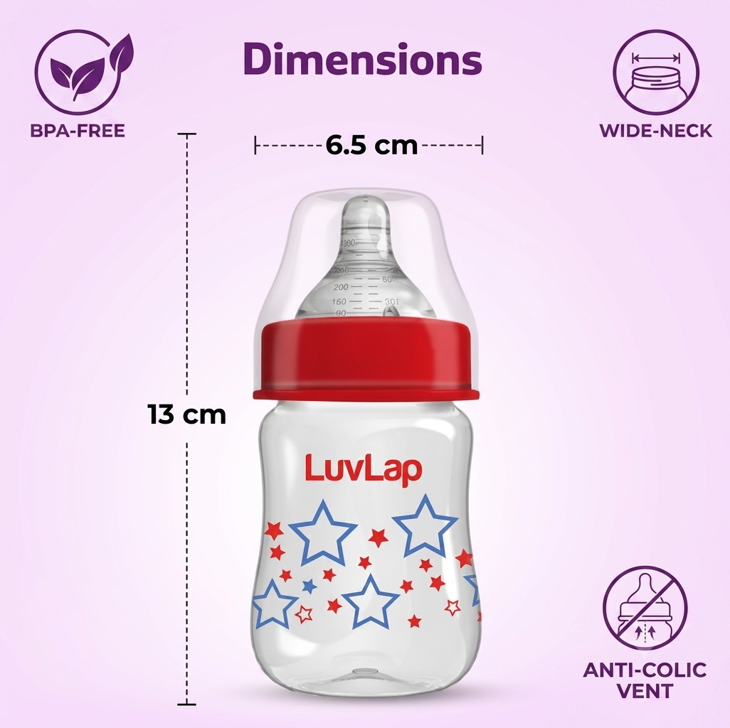 LuvLap Luvlap Anti-Colic Wide Neck Natura Flo Baby Feeding Bottle,New Born / Infants / Toddler upto 3 years, Stars, BPA Free, Red