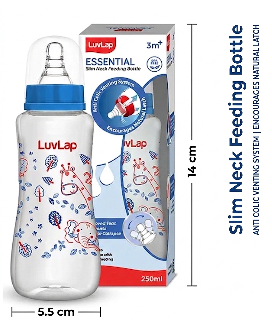 LuvLap Anti-Colic Slim Regular Neck Essential BPA-Free Baby Feeding Bottle, Blue