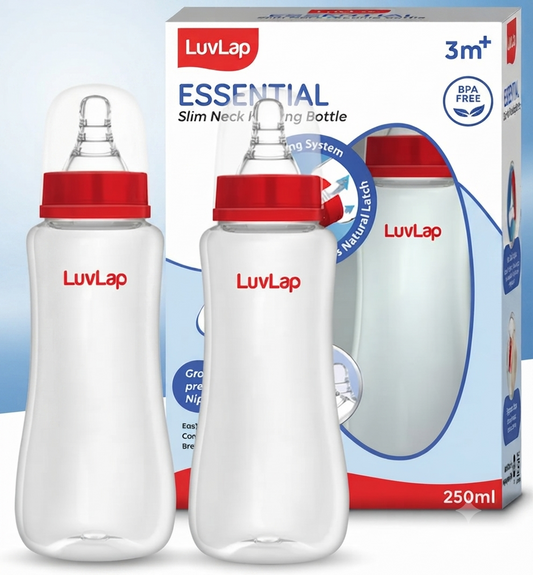 LuvLap Baby Essential Slim Neck Feeding Bottle, 250ml, with Anti-Colic Nipple, BPA Free, Pack of 2, Red