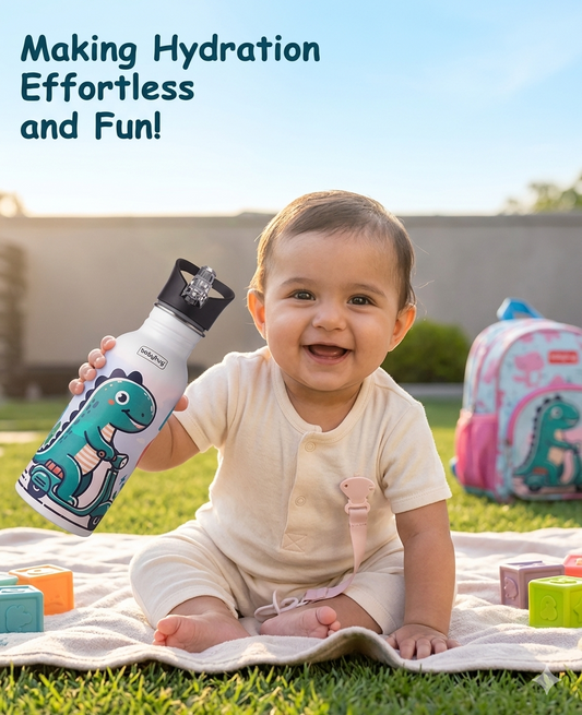 Babyhug Dino Theme Stainless Steel Color Changing Magic Bottle White|Leak Resistant|BPA Free|Rust Proof|600 ml