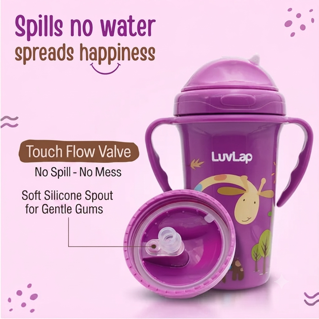 LuvLap Tiny Giffy Sippy Cup, Silicone Straw, BPA Free, 300 ml 18m+ (Purple)