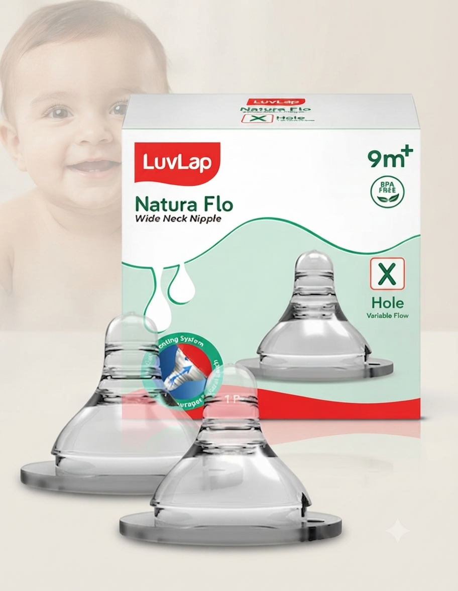 LuvLap Anti-Colic Natura Flo Teat/Nipple for Wide Neck Bottle, 2pcs, Variable Flow.