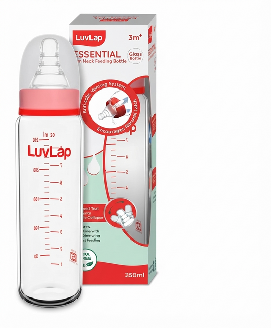 LuvLap Essential Slim Neck Glass Feeding Bottle, 250ml, 3m+, BPA Free, Ergonomic Shape, Anti-Colic Nipple.