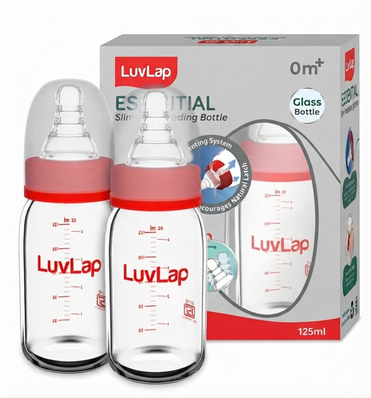 LuvLap Essential Slim Neck Glass Feeding Bottle, 125ml, 0m+, BPA Free, Borosilicate Glass, Anti-Colic Nipple, pack of 2
