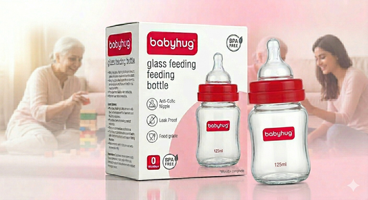 Babyhug BPA-Free Glass Baby Bottle 125 ml, Blue | Anti-Colic Silicone Nipple | Leak-Resistant | Durable | Ideal for Newborns & Toddlers