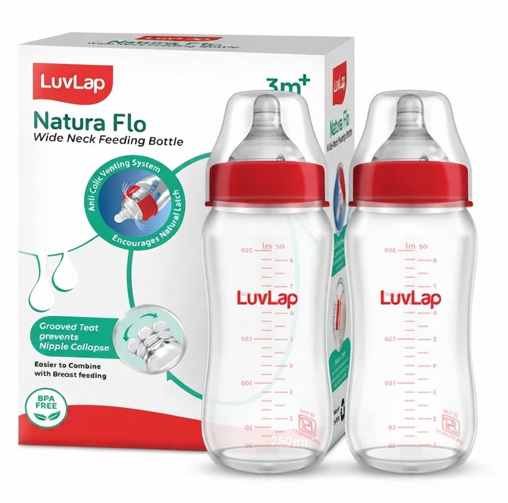 LuvLap Natura Flo Glass Feeding Bottle, 250ml, BPA Free, Anti-Colic Nipple, Transparent, 3M+ sutable for you l'll ones
