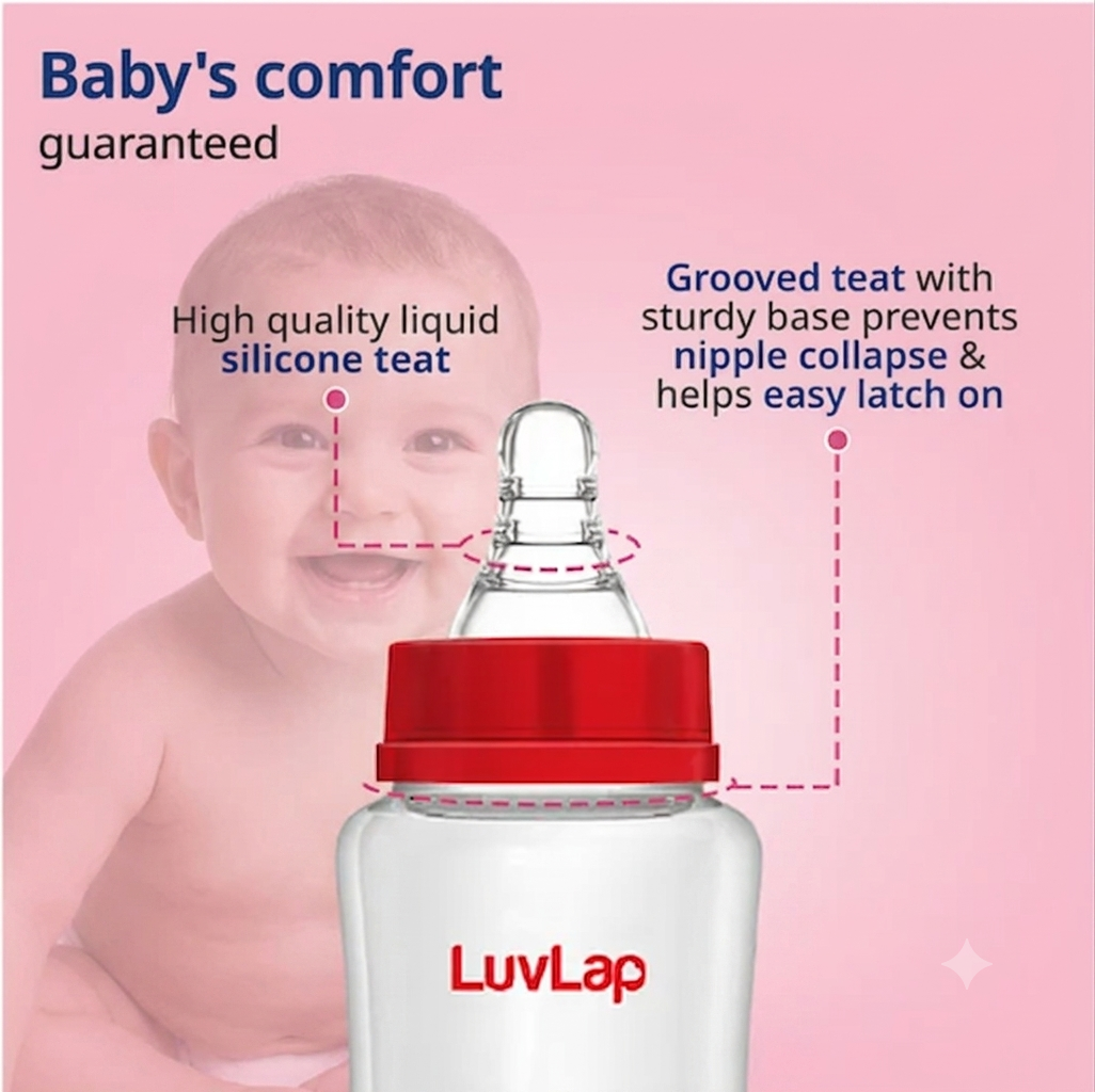 LuvLap Anti-Colic Wide Neck Natura Flo Baby Feeding Bottle New Born/Infants/Toddler BPA Free, Red