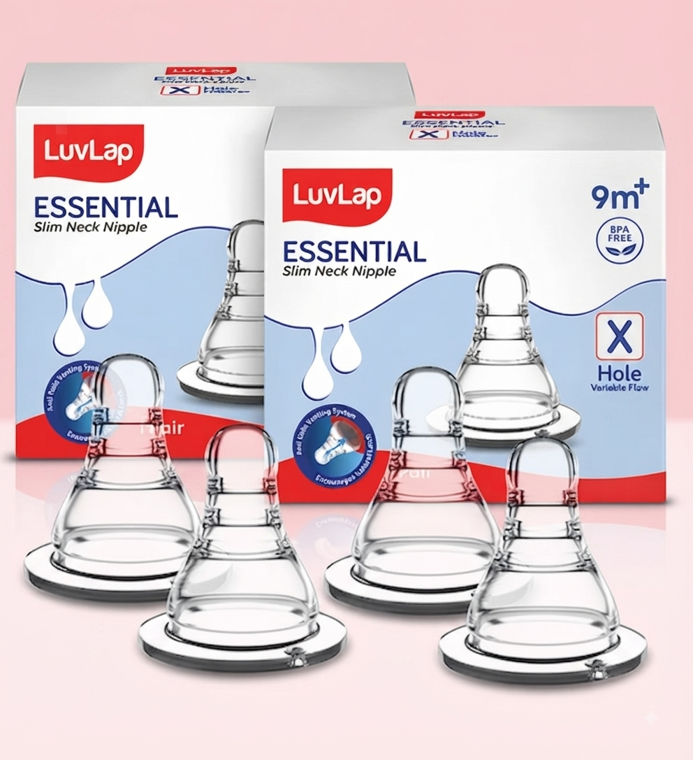 LuvLap Anti-Colic Essential Teat/Nipple for Slim Neck Bottle, 4pcs, Variable Flow "X", 9m+, BPA free