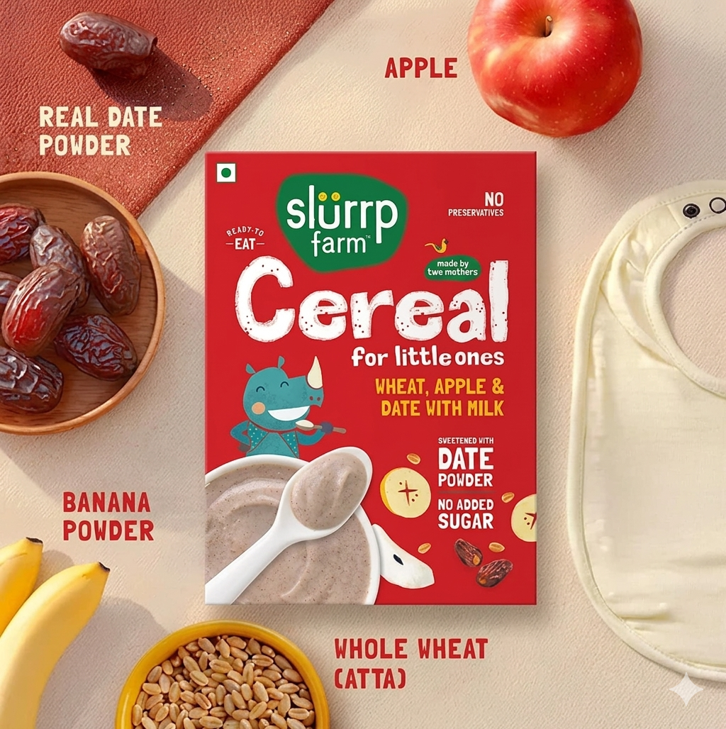 Slurrp Farm No Added Sugar Instant Cereal Wheat, Apple & Date with Milk | No Preservatives | Mildly Sweetened with Date Powder - 200 g