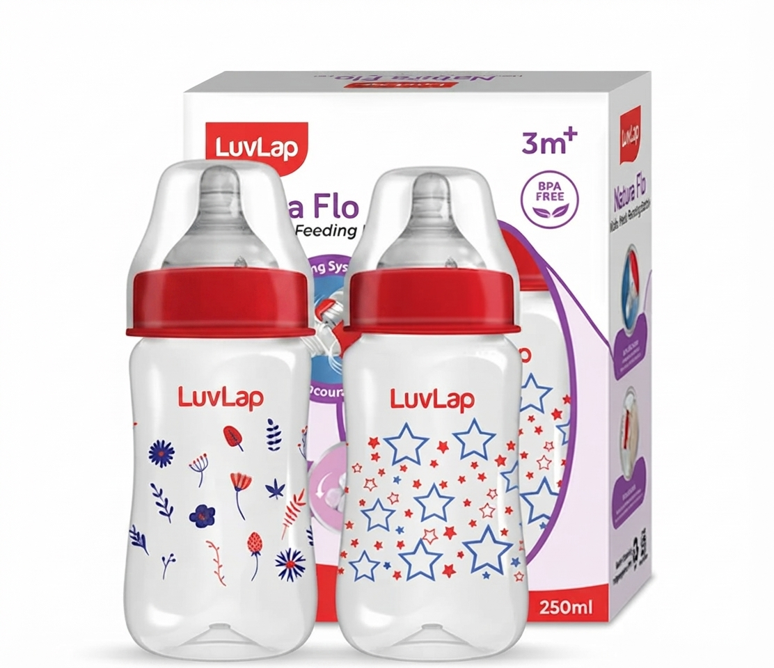 LuvLap  Wide Neck Baby Feeding Bottle, PP, BPA Free, Pack of 2 (Stars, Red Floral)