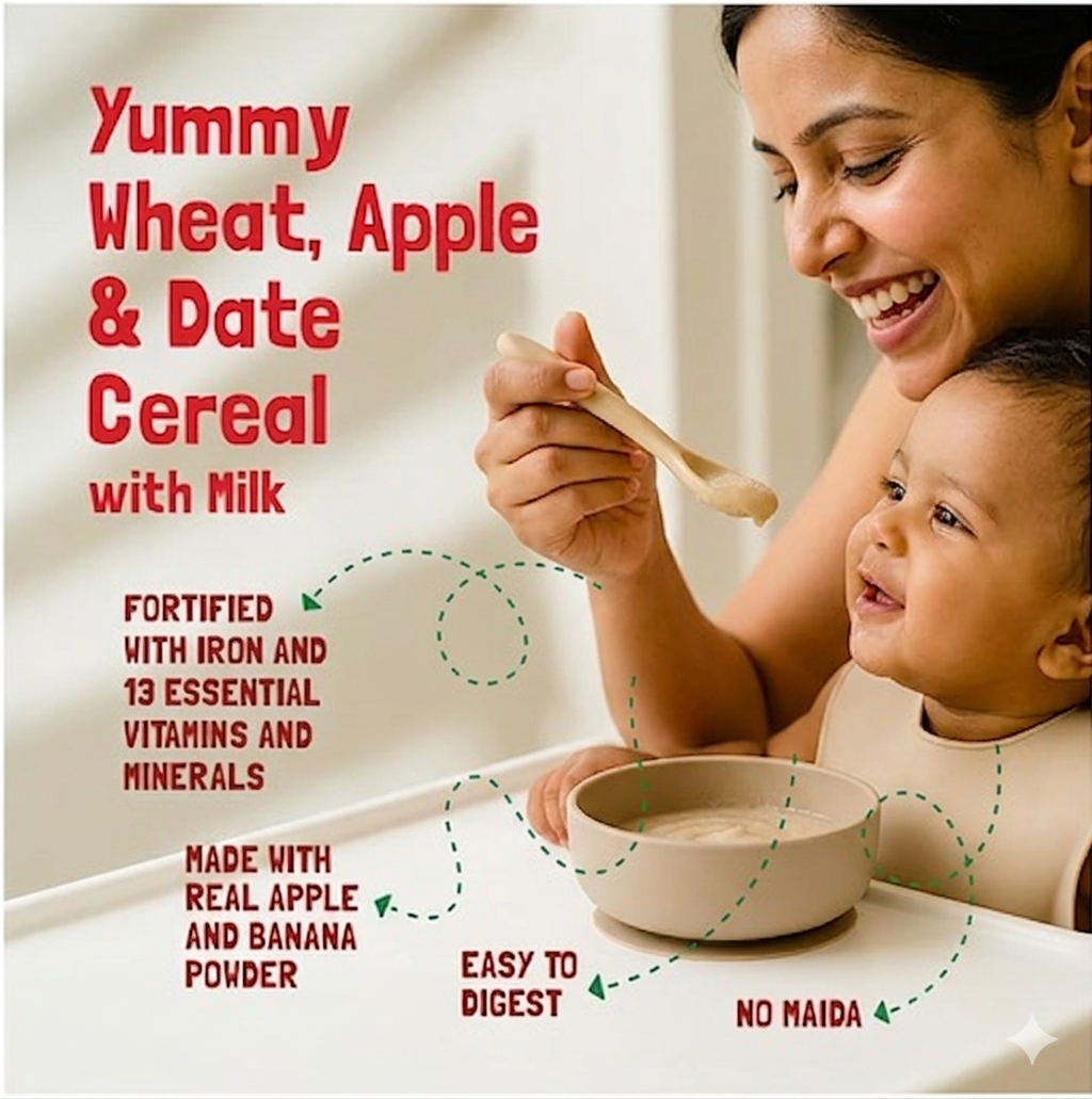 Slurrp Farm No Added Sugar Instant Cereal Wheat, Apple & Date with Milk | No Preservatives | Mildly Sweetened with Date Powder - 200 g