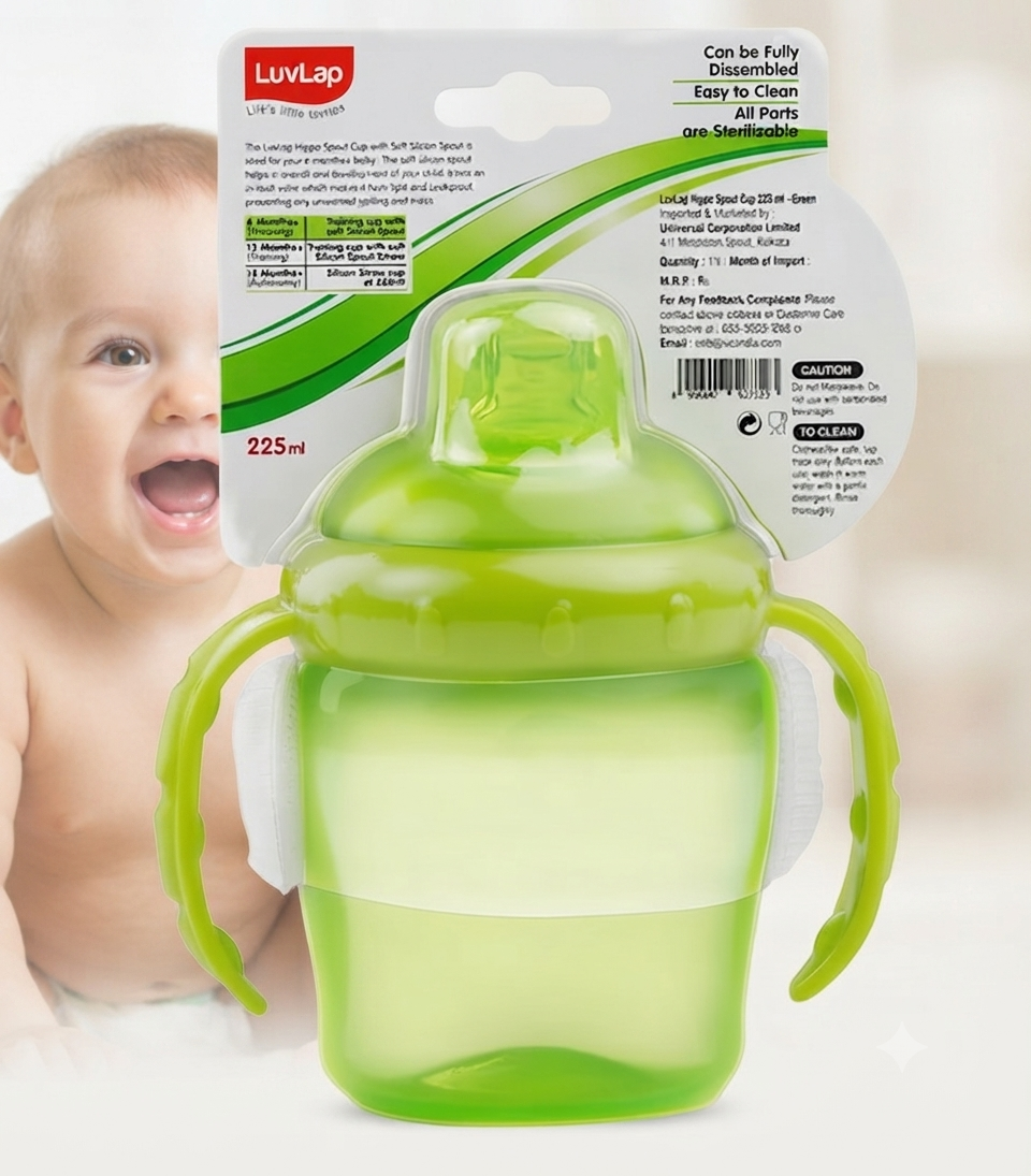 LuvLap Hippo Spout Sipper for Infant/Toddler, Anti-Spill Sippy Cup with soft Silicone Spout, BPA Free, Sipper with handles, 6m+ (Green)