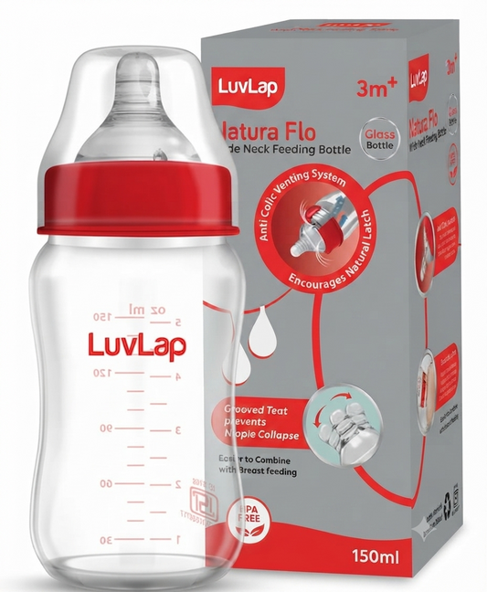 LuvLap Natural Flow Glass Feeding Bottle, 150ml, BPA Free, Anti-Colic Nipple, Transparent