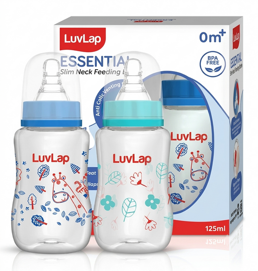 Luv Lap Anti-Colic Slim Regular Neck Essential BPA-Free Baby Feeding Bottle, 125ml Pack of 2, Blue Green