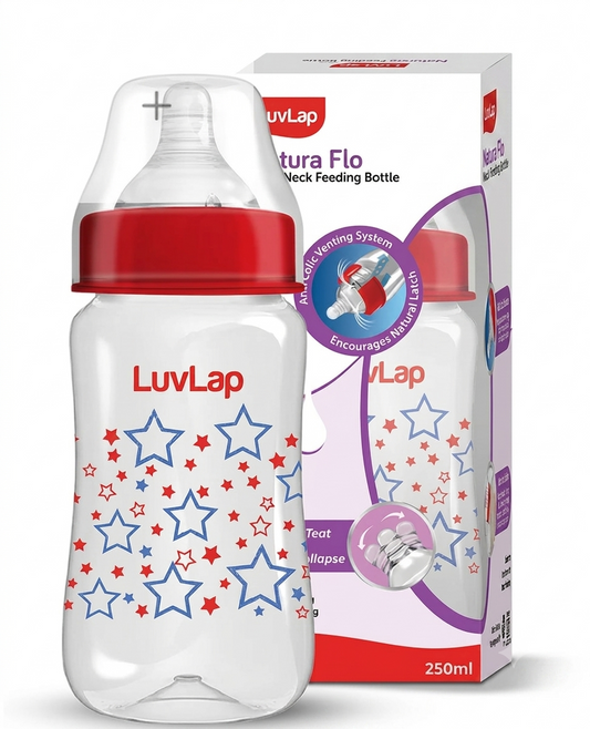 LuvLap Luvlap Anti-Colic Wide Neck Natura Flo Baby Feeding Bottle,New Born / Infants / Toddler upto 3 years, Stars, BPA Free, Red