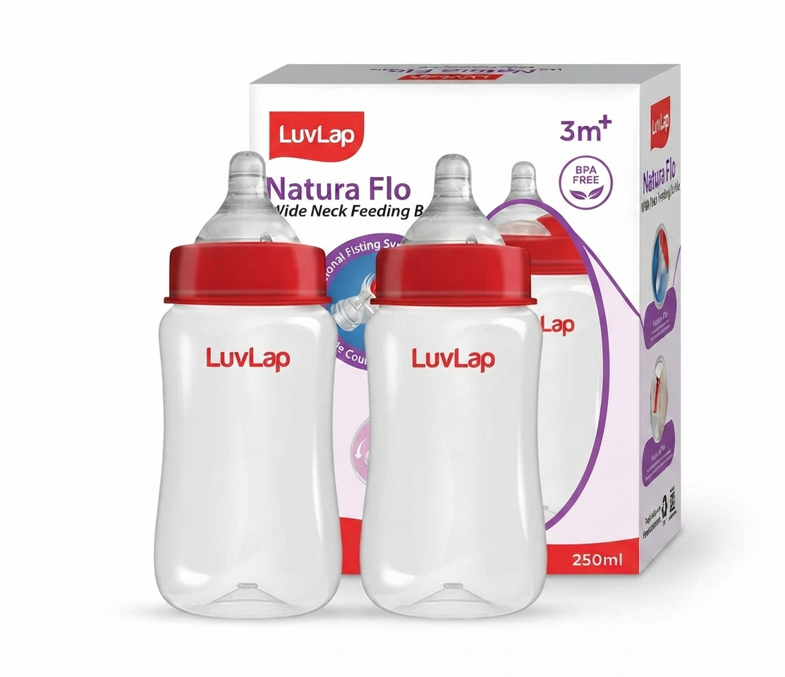 LuvLap Anti-Colic Wide Neck Natura Flo Baby Feeding Bottle, (Pack of 2), New Born/Infants/Toddler BPA Free, Red
