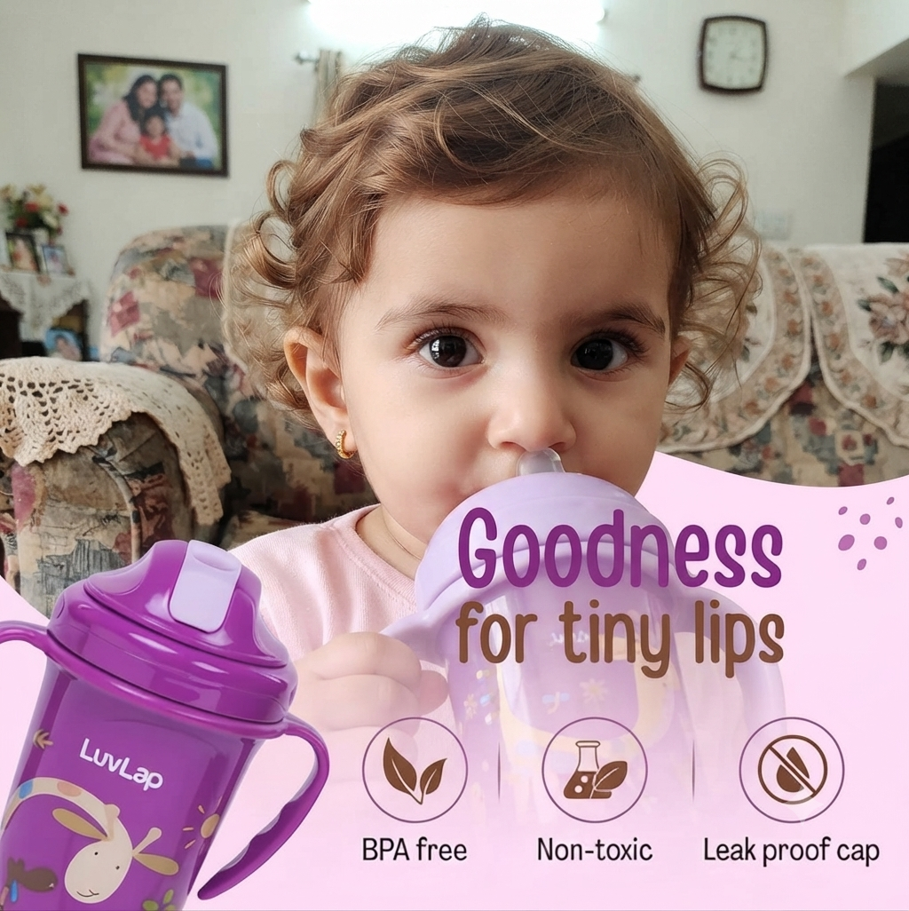 LuvLap Tiny Giffy Sippy Cup, Silicone Straw, BPA Free, 300 ml 18m+ (Purple)