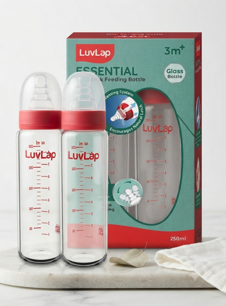 LuvLap Essential Slim Neck Glass Feeding Bottle, 250ml, 3m+, BPA Free, Ergonomic Shape, Anti-Colic Nipple.