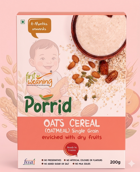 First WeaningMultigrain Milk & Fruits Oats Cereal | With Iron, Protein, Calcium | 19 Nutrients | 300g, Bag-in-box