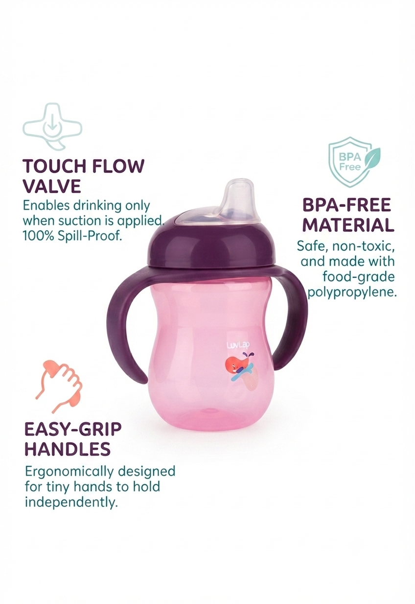 LuvLap Moby Little Spout Sipper, 240ml, Anti-Spill Sippy Cup with Soft Silicone Spout BPA Free, (Purple)