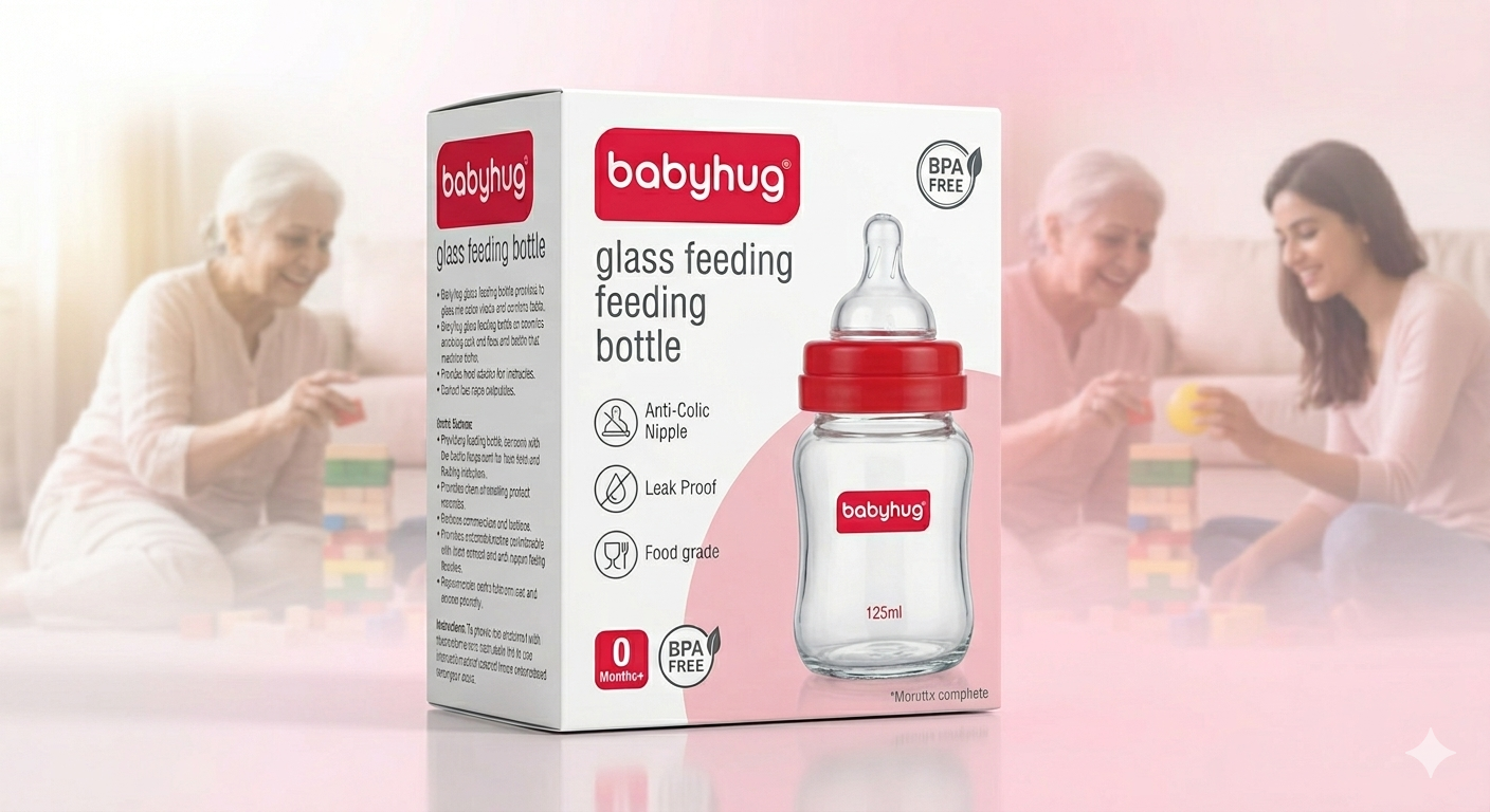 Babyhug BPA-Free Glass Baby Bottle 125 ml, Blue | Anti-Colic Silicone Nipple | Leak-Resistant | Durable | Ideal for Newborns & Toddlers