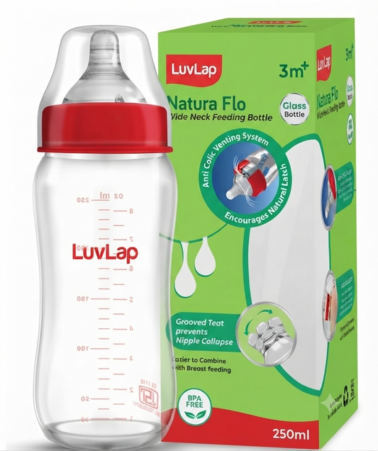 LuvLap Natura Flo Glass Feeding Bottle, 250ml, BPA Free, Anti-Colic Nipple, Transparent, 3M+ sutable for you l'll ones