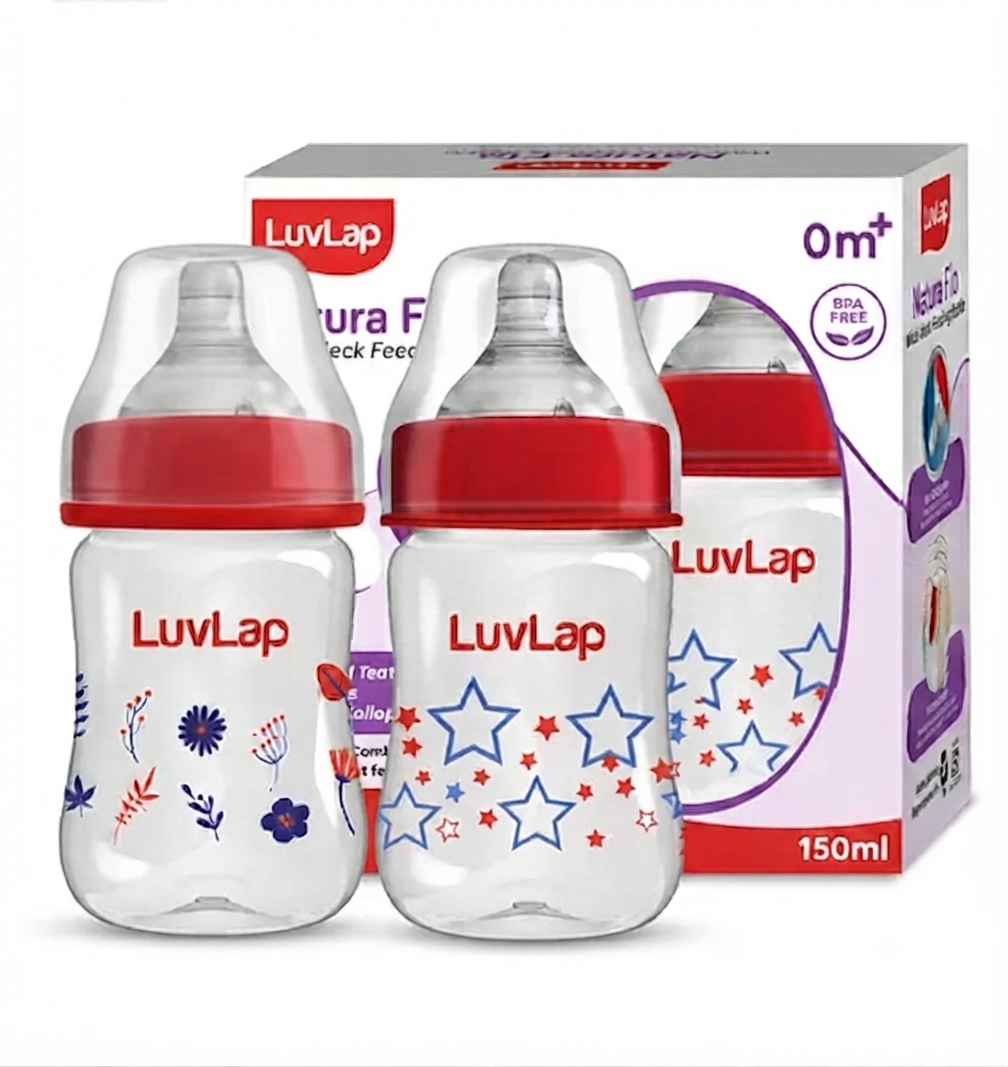 LuvLap  Wide Neck Baby Feeding Bottle, PP, BPA Free, Pack of 2 (Stars, Red Floral)