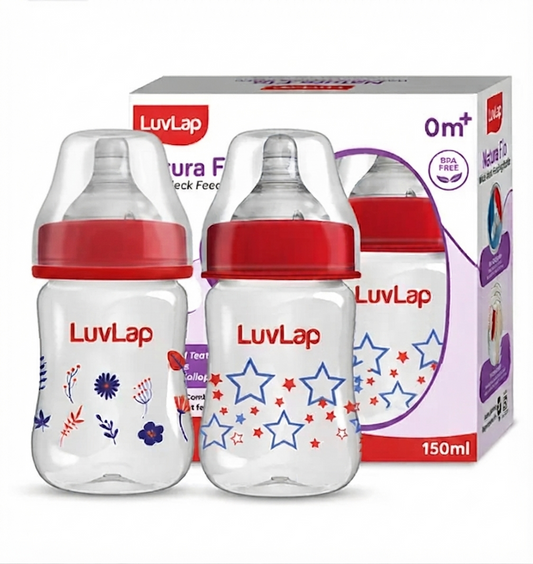 LuvLap  Wide Neck Baby Feeding Bottle, PP, BPA Free, Pack of 2 (Stars, Red Floral)