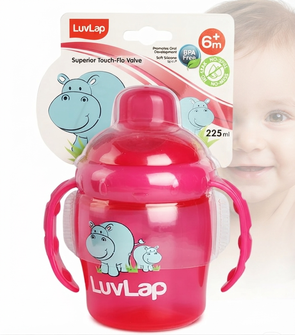 LuvLap Hippo Spout Sipper for Infant/Toddler, 225ml, Anti-Spill Sippy Cup with Soft Silicone Spout BPA Free, 6m+ (Pink)