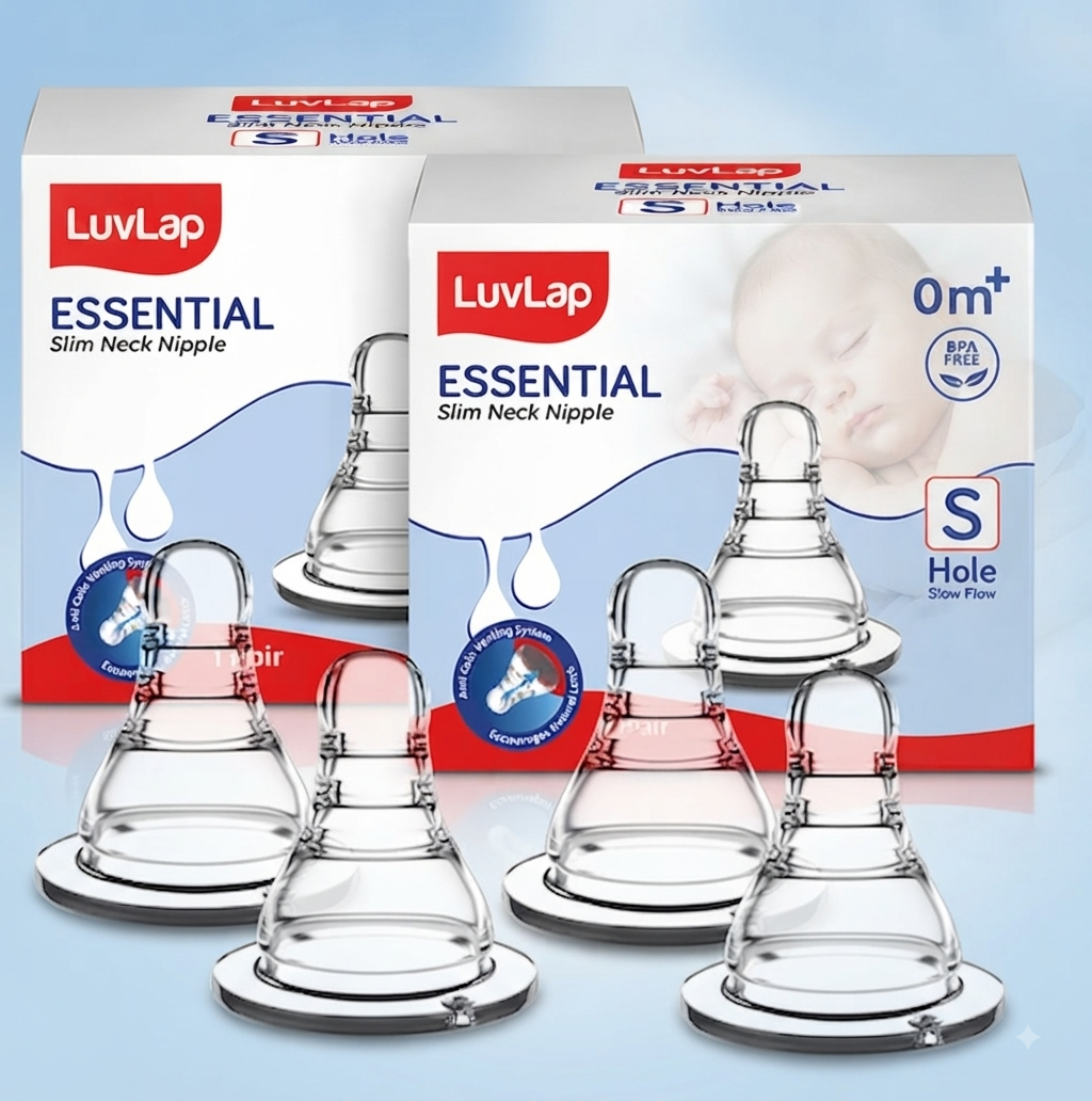 LuvLap Anti-Colic Essential Teat/Nipple for Slim Neck Bottle "S" , 4pcs, Slow Flow, 0m+, BPA Free.