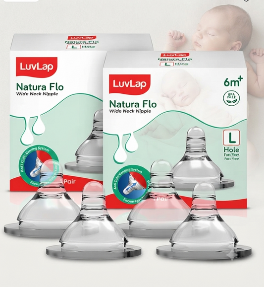 LuvLap Anti-Colic Natura Flo Teat/Nipple for Wide Neck Bottle, 4pcs, Fast Flow, 6m+, BPA Free.