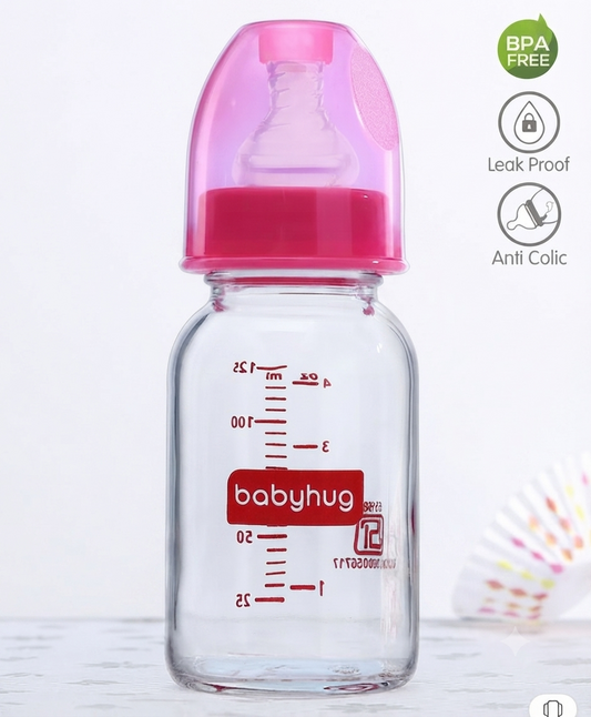 Babyhug BPA-Free Natural Glass Baby Bottle 125 ml, Pink | Anti-Colic Silicone Nipple| Leak-Resistant | Durable | Travel friendly