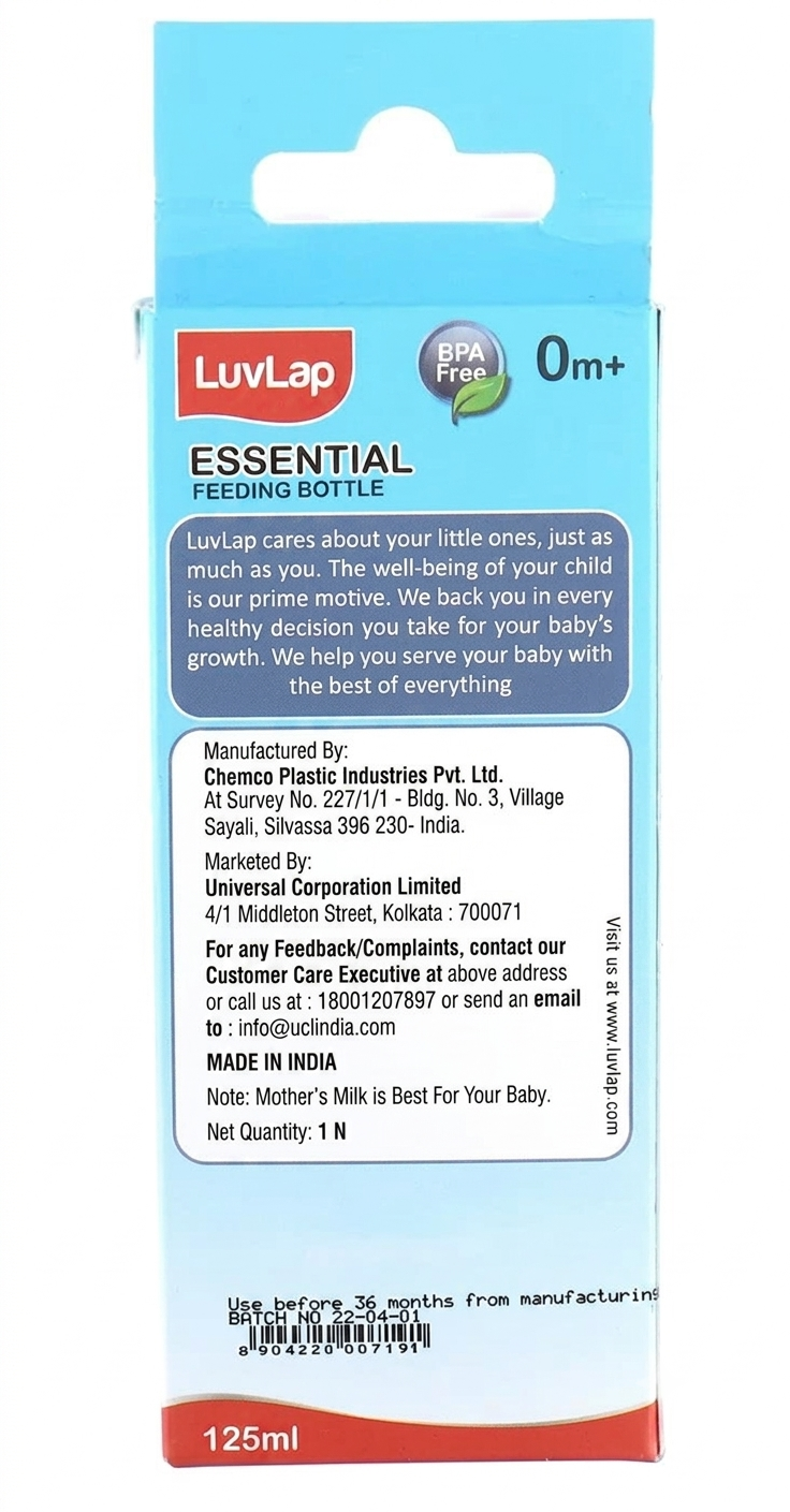 LuvLap Anti-Colic Slim Regular Neck Essential BPA-Free Baby Feeding Bottle, Blue