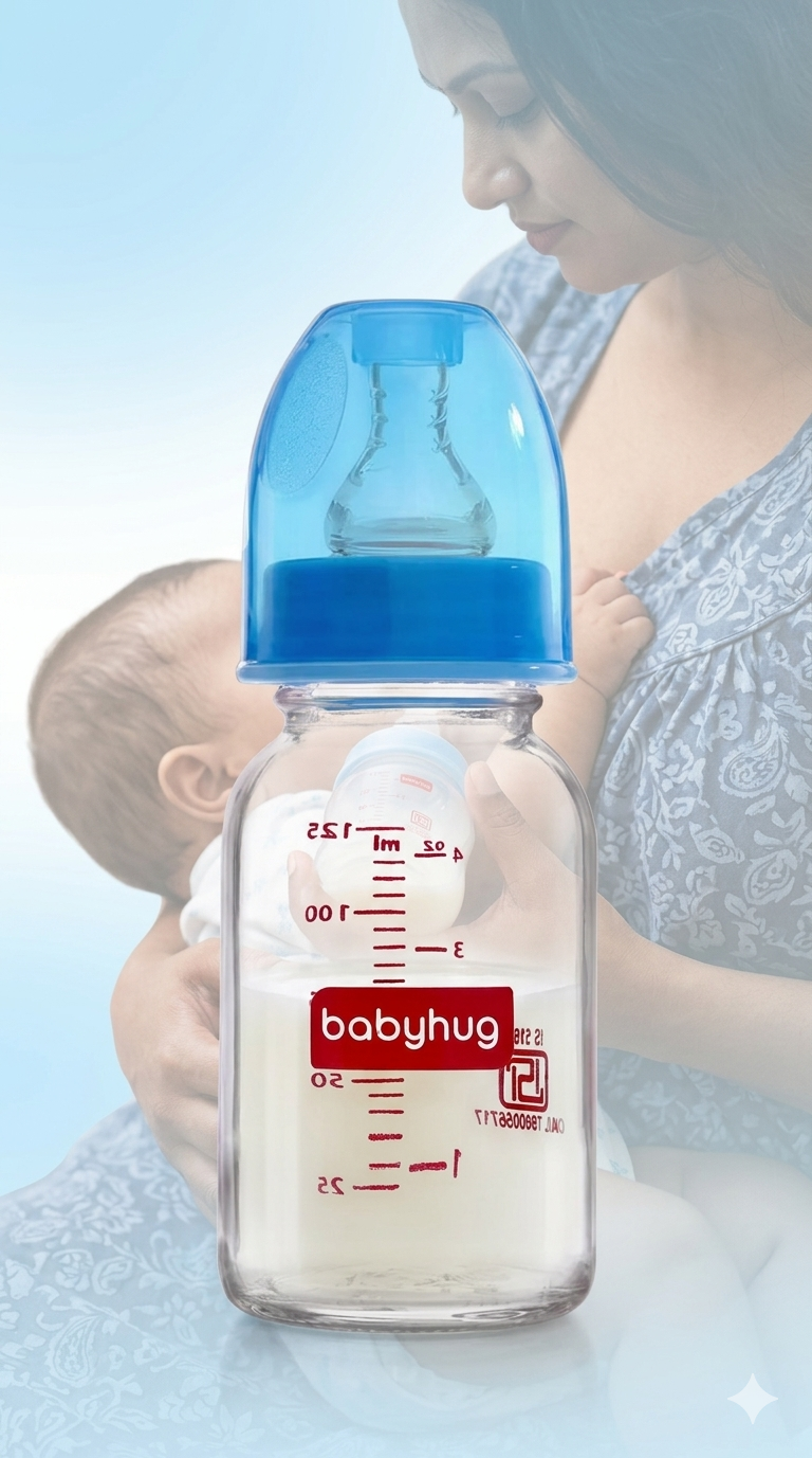 Babyhug BPA-Free Glass Baby Bottle 125 ml, Blue | Anti-Colic Silicone Nipple | Leak-Resistant | Durable | Ideal for Newborns & Toddlers